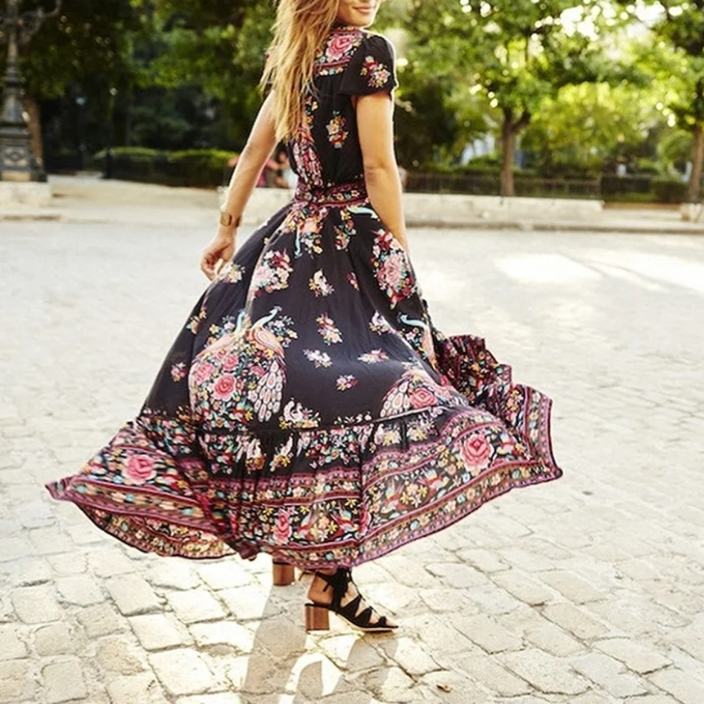 Wish V-Neck Peacock Floral Print Flare Sleeve Bohemian cotton blend Dress size S - Picture 2 of 13